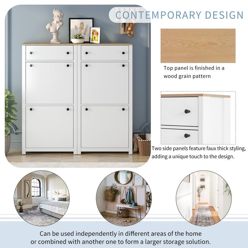 Slim Shoe Cabinet Set with 4 Flip Drawers, Wood Grain Pattern Top Shoe Storage Solution with Adjustable Panel