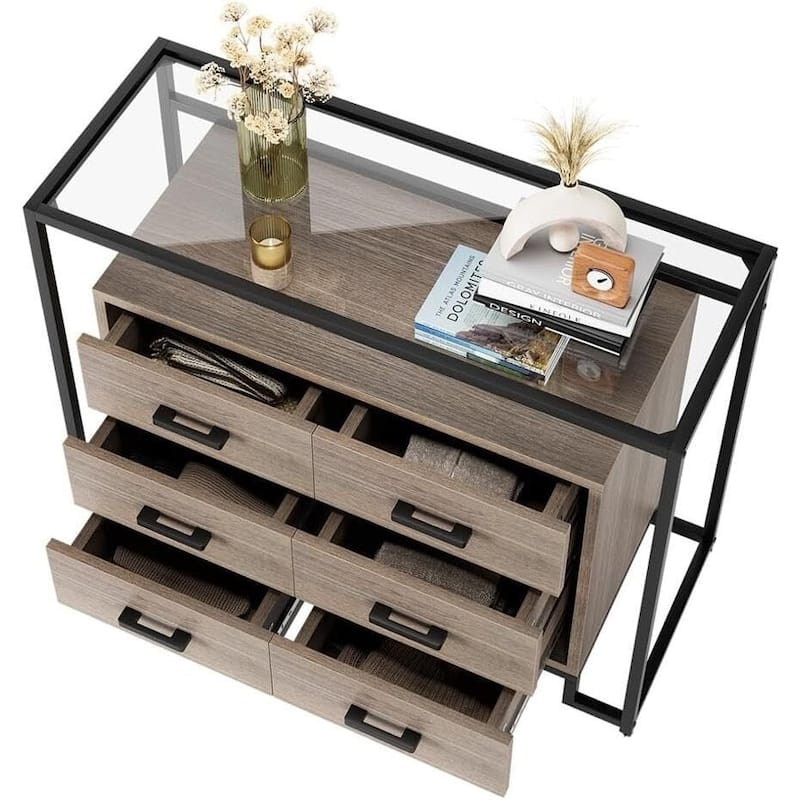 6 Drawers Dresser, Wooden Drawer Chest with Tempered Glass Top and Steel Frame