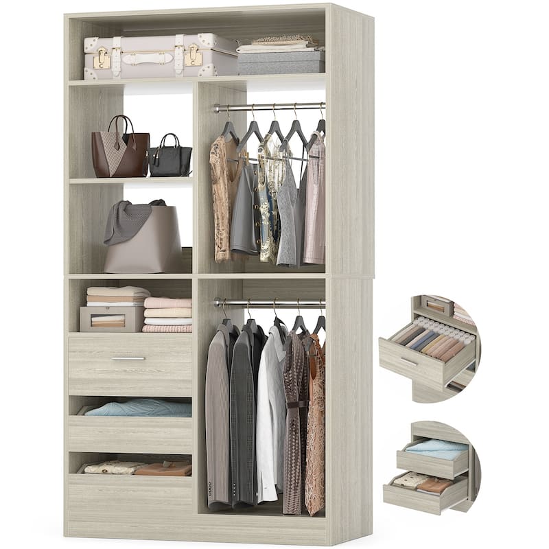 Qvella 72"-108" Closet System with Drawers and Hanging Rods,Freestanding Walk-in Closet Organizer System Wardrobe Closet Tower