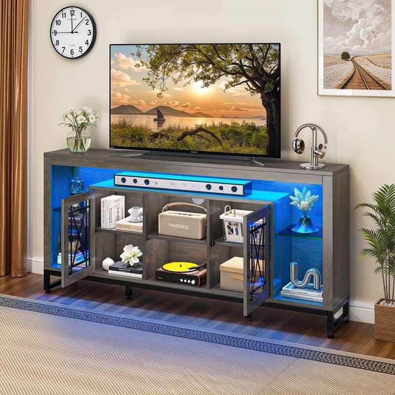 13.8" LED TV Stand for 75" TVs with Acrylic Doors Grey - 65 inches in width