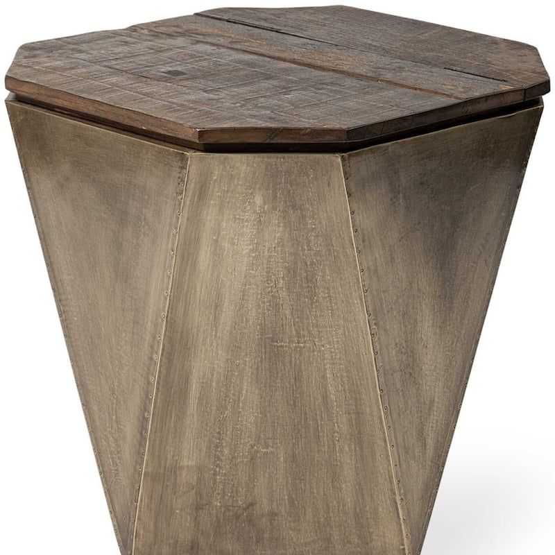 Brown Solid Wood Hexagon End Table with Brass Finish and Thick Top Frame - 19.3” x 19.3” x 21” (D x W x H)