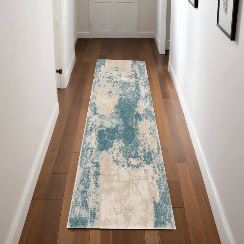 Kawez Power Loomed Abstract Modern Non Skid Stain Resistant Area Rug By HomeRoots - 90' X '26' X '0.5 - 90' X '26' X '0.5 - Teal - Runner