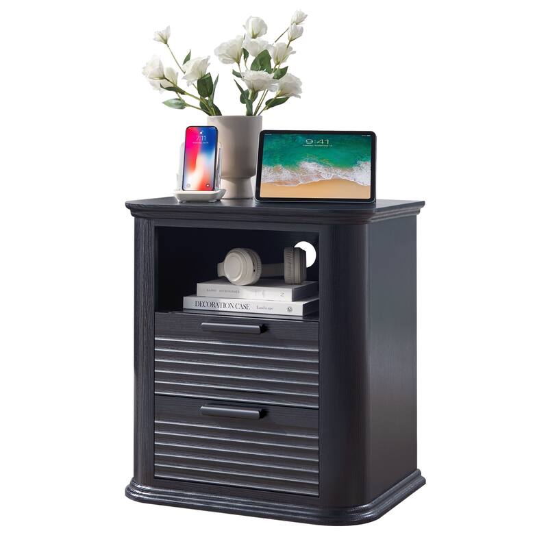 22" Fluted Night Stand with Charging Station, End Table with 2 Drawers & Open Storage, Side Tables Curved Profile Design