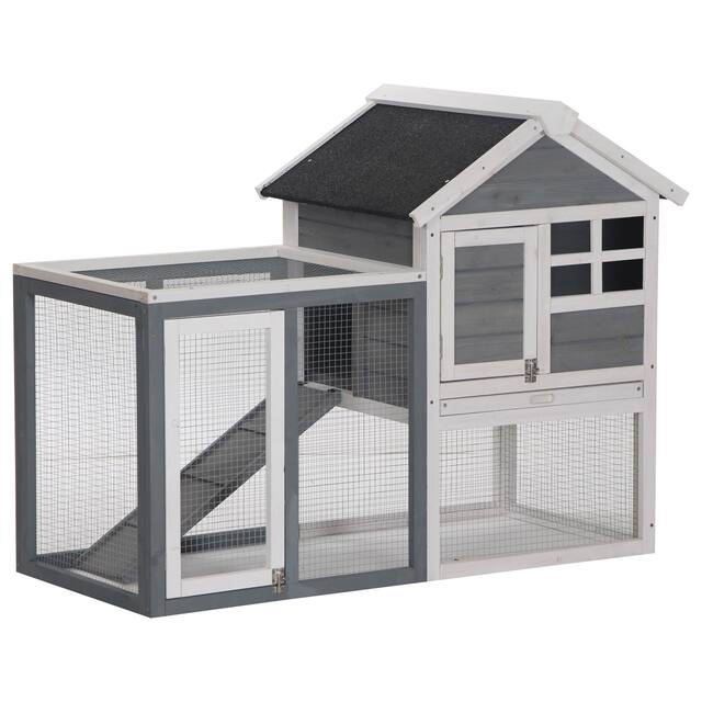 PawHut 48" Wooden Rabbit Hutch Bunny Cage with Waterproof Asphalt Roof, Fun Outdoor Run, Removable Tray and Ramp