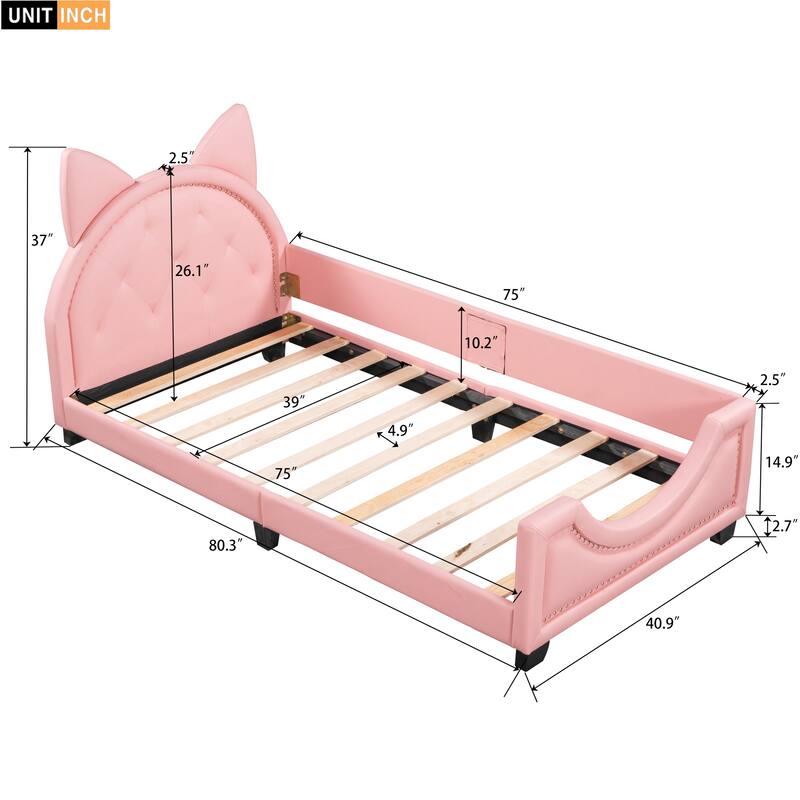 Roomfitters Twin Size Upholstered Daybed with Cartoon Ears Shaped Headboard and Cozy Design, Pink
