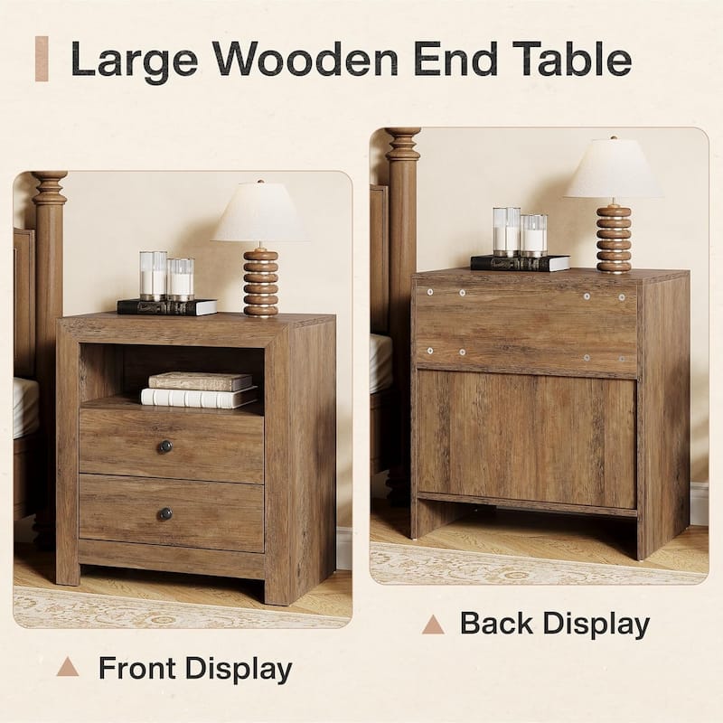2 Drawers Nightstand with Open Storage Shelf for Bedroom
