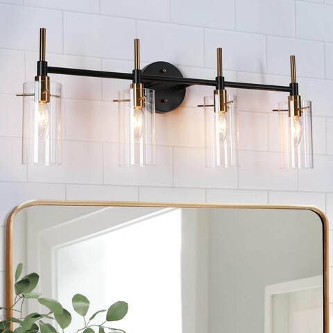 Alva Modern 4-Light Black and Gold Bathroom Vanity Lights Cylinder Glass Wall Lamp - 27.5" L x 6" W x 11" H