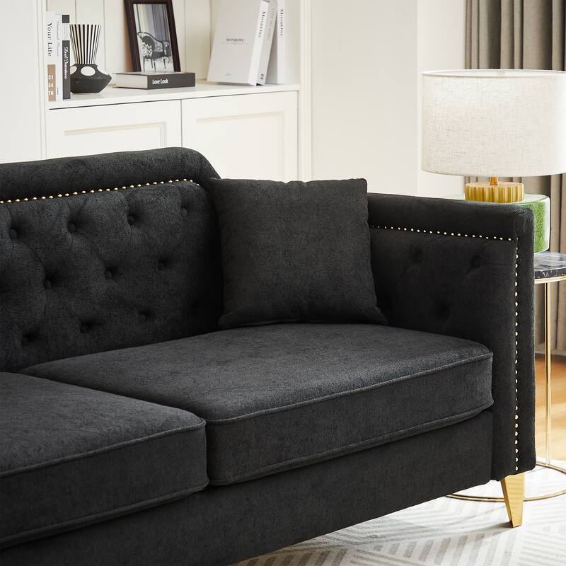 Chenille Sofa with Golden Metal Legs, 3-Seater Couch with Solid Wood Frame and 750 lbs Capacity