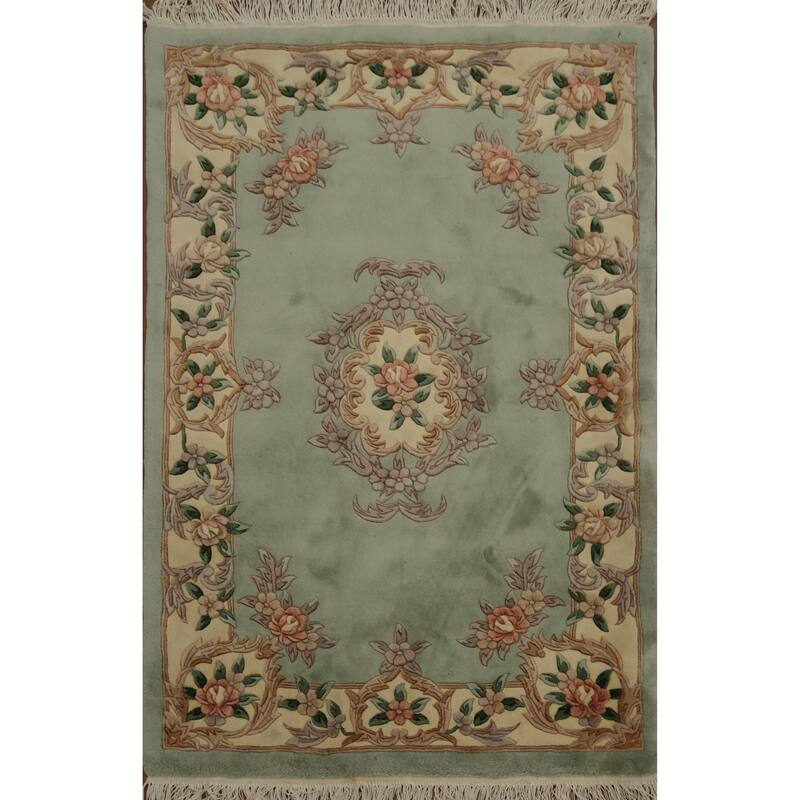 Hand Knotted Oriental 100% Wool Carpet Traditional Floral Green Art Deco Area Rug - 6' 1'' X 3' 11''