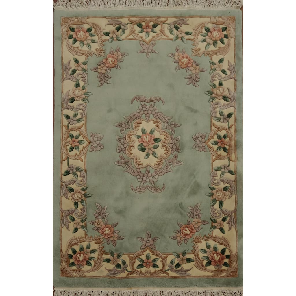 Hand Knotted Oriental 100% Wool Carpet Traditional Floral Green Art Deco Area Rug - 6' 1'' X 3' 11''
