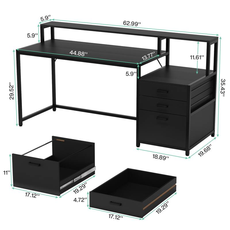 63 Inch Computer Desk with File Drawers, Ergonomic Office Desks with Monitor Stand