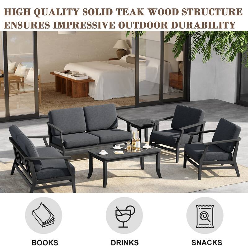6-Seat Outdoor Teak Wood Patio Conversation Set with Cushions Tables