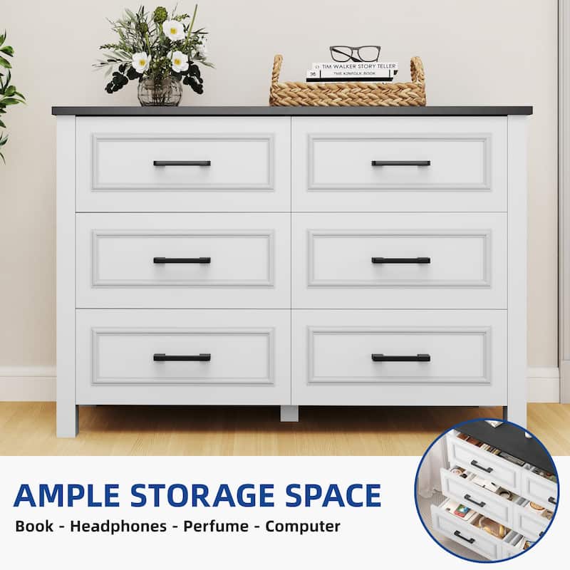 6-drawer Wood White Dresser with Built-in Power Outlet