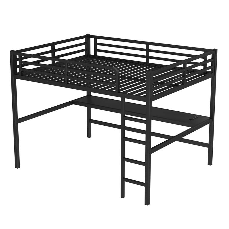 Queen Size Metal Loft Bed with Desk, USB, LED Light, Power Outlet, Space-Saving, Noise Reduced, Black