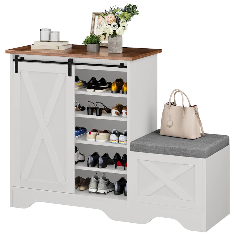 Farmhouse Shoe Cabinet with Sliding Door Shoe Bench 5-Tier Shoe Storage Cabinet with Adjustable Shelves for 20 Pairs - White