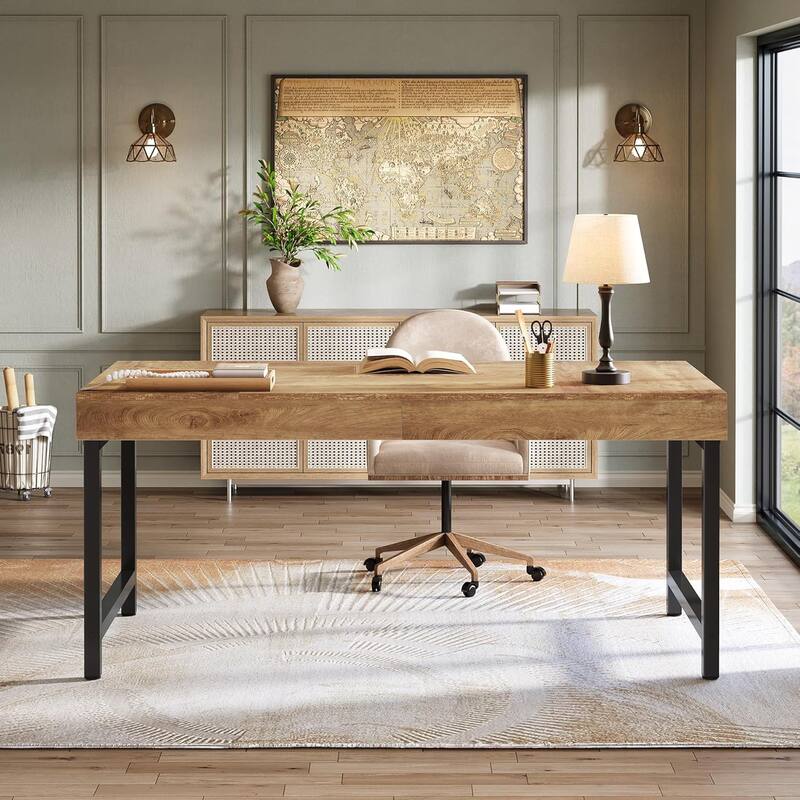 55" Industrial Executive Desk, Study Writing Table Business Workstation for Home Office, Conference Room