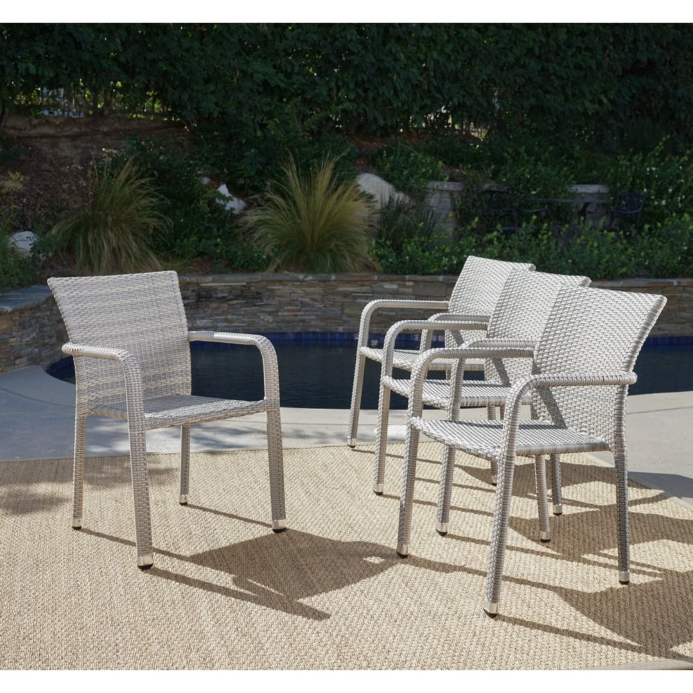 Dover Outdoor Wicker Armed Lightweight Stacking Chairs (Set of 4) by Christopher Knight Home