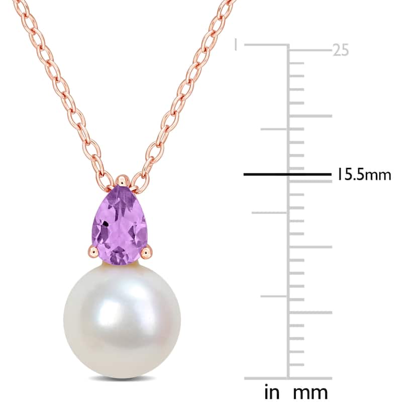 Miadora 1/3ct TGW Amethyst and 8.5-9mm Cultured Freshwater Pearl Pendant with Chain Rose Silver - 15.5 mm x 8.7 mm