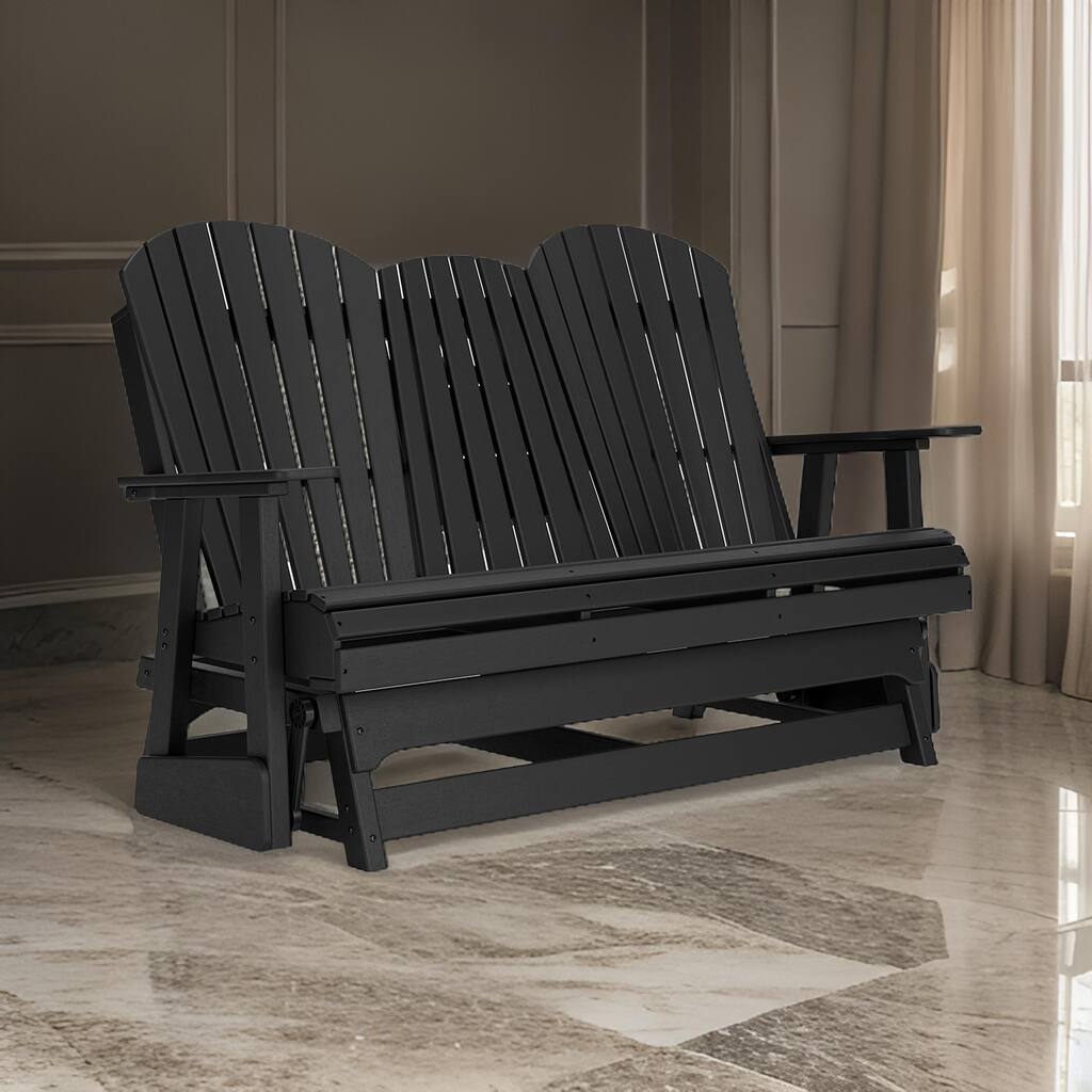 Sami 67 Inch Outdoor Adirondack Glider Loveseat, Dropdown Cupholders, Black
