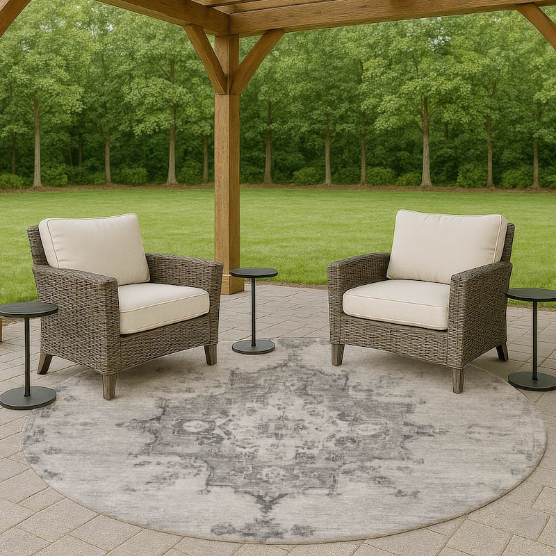 Machine Washable Indoor/ Outdoor Traditional Tabriz Chantille Rug - Gray - 8' x 8'