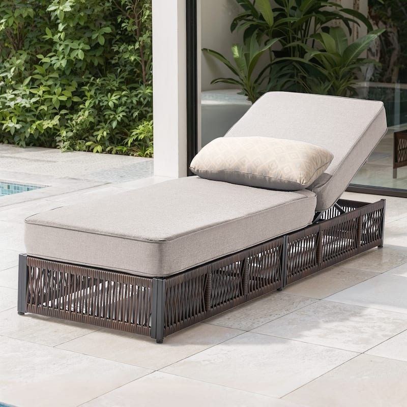 Pocassy Patio Wicker Chaise Lounge Chair with Adjustable Backrest - Brown Wicker Beige Cushion