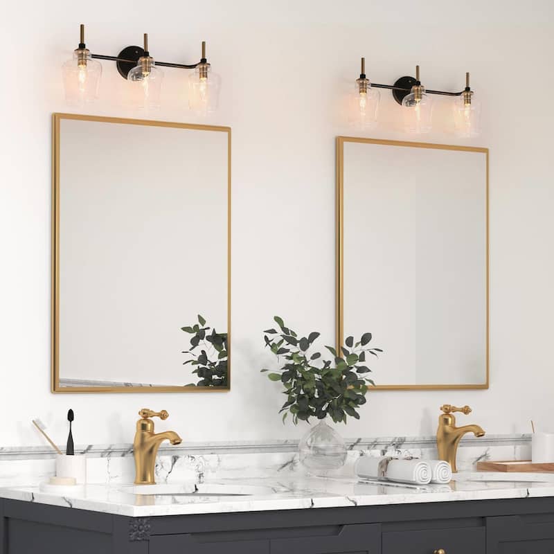Modern 3-Light Black Gold Bathroom Vanity Light Linear Glass Wall Sconces