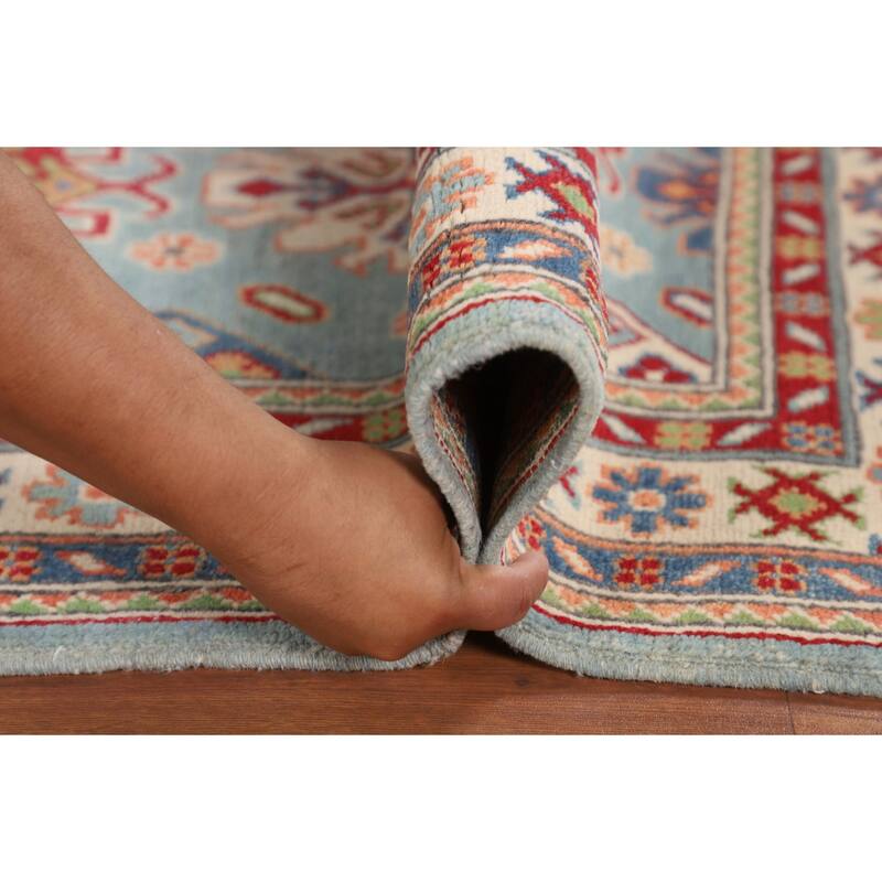 Light Blue Kazak Oriental Foyer Rug Handmade Geometric Wool Carpet - 2'8" x 4'0"