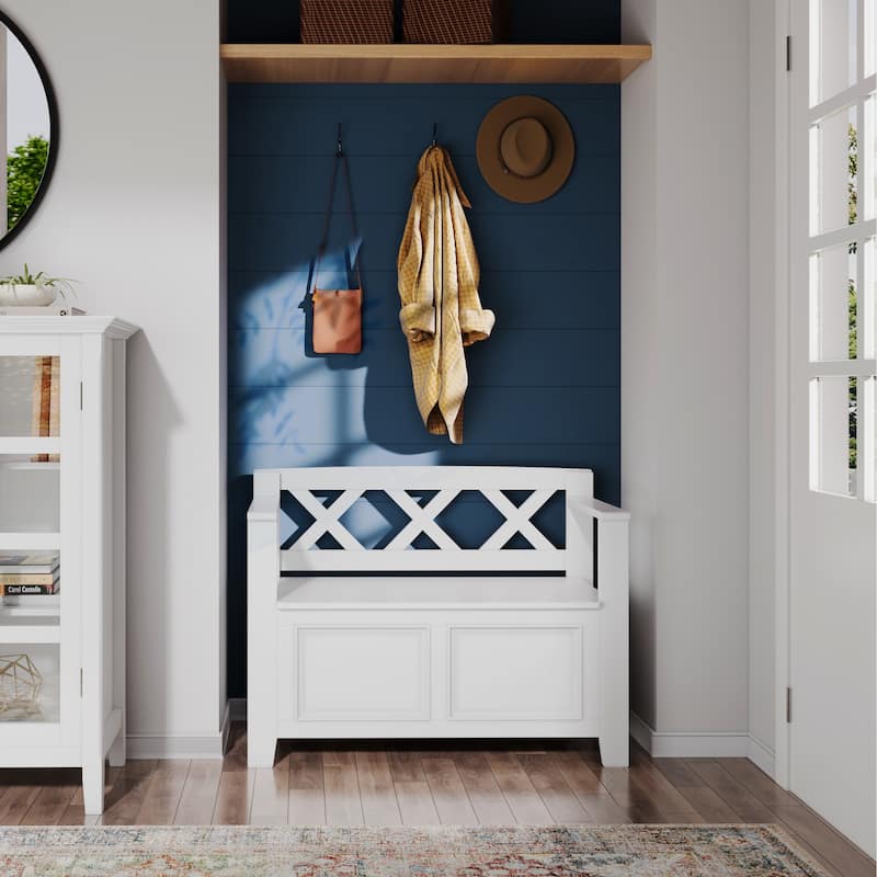 WYNDENHALL Halifax SOLID WOOD 36 inch Wide Transitional Small Entryway Storage Bench -  17"D x 36" W x 27.8"H - White