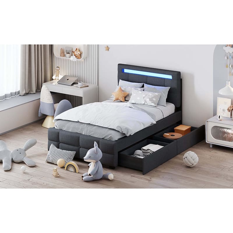 Platform Bed with LED Frame, Trundle & 2 Drawers