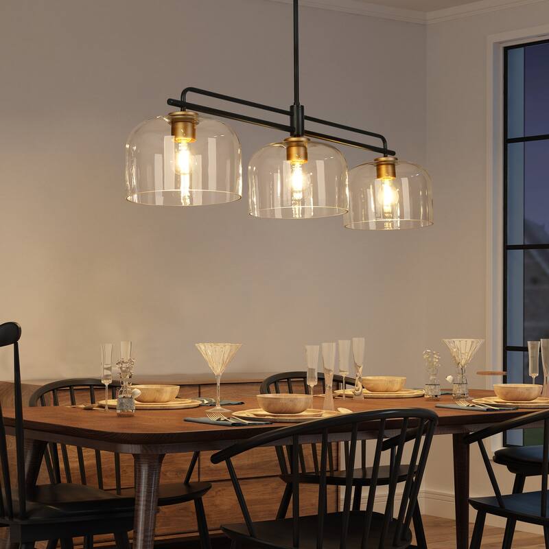Modern Black Gold Pendant Clear Glass Kitchen Island Light Bowl-Shape Shade for Dining Room