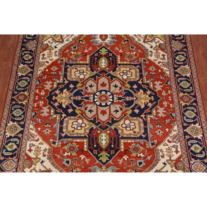 Geometric Orange Heriz Serapi Oriental Rug Hand-Knotted Wool Carpet - 9'0" x 11'10"