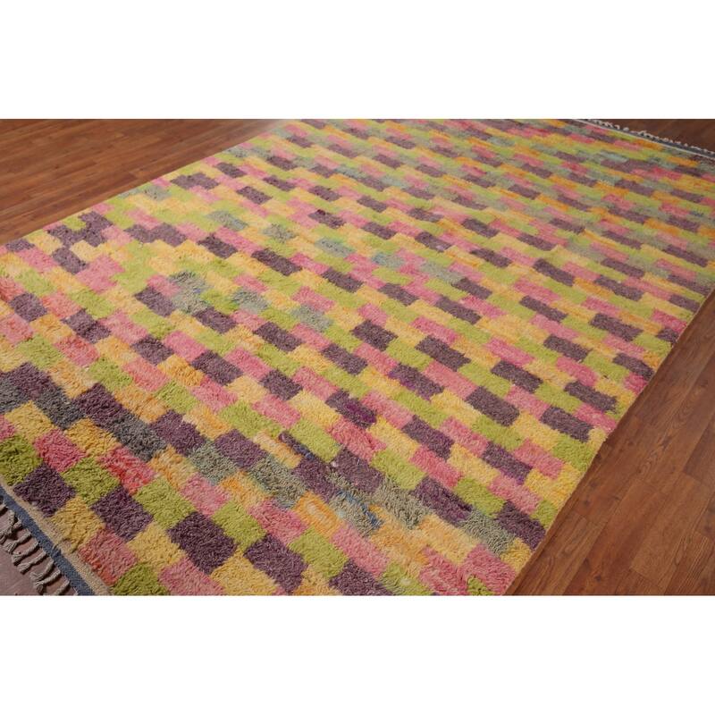 Checkered Moroccan Oriental Area Rug Hand-Knotted Wool Carpet - 6'11" x 10'4"