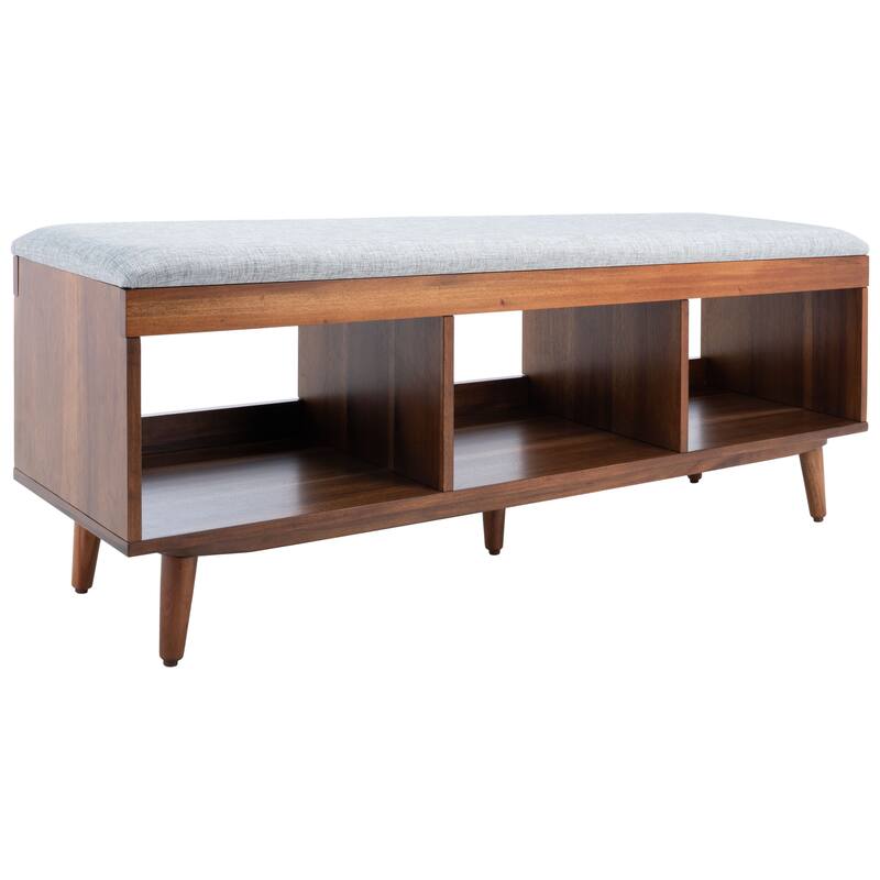 SAFAVIEH Cricket Mid-Century Modern Open Shelf Storage Bench with Cushion