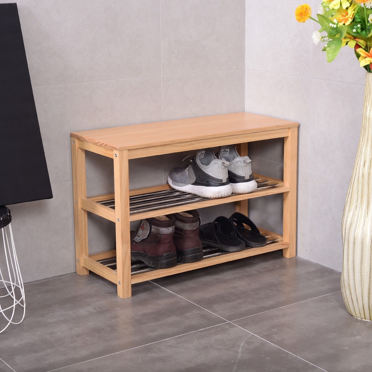 Shop Costway 3 Tier Wooden Shoe Storage Bench Racks Shelf