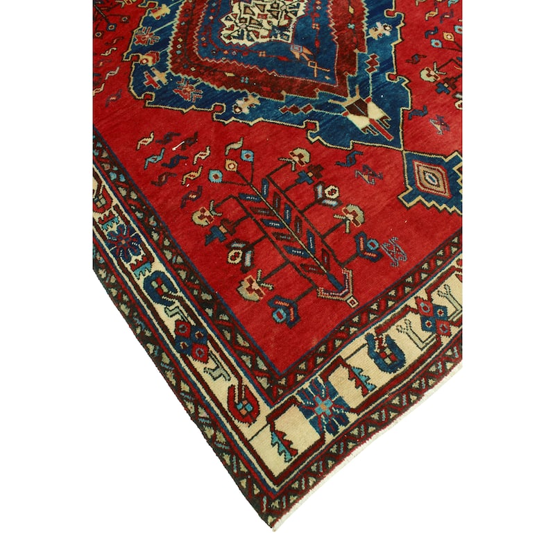 Fine Vintage Distressed Fattah Red/Navy Rug - 5'4" x 6'11"