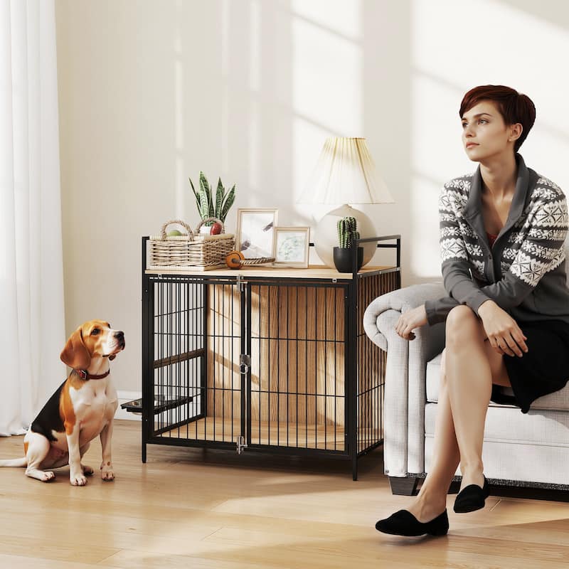 Oak Dog Crate Side Table with Double Doors Rotating Stainless Steel Bowls Elevated Non-Slip Feet and Melamine Finish - Oak