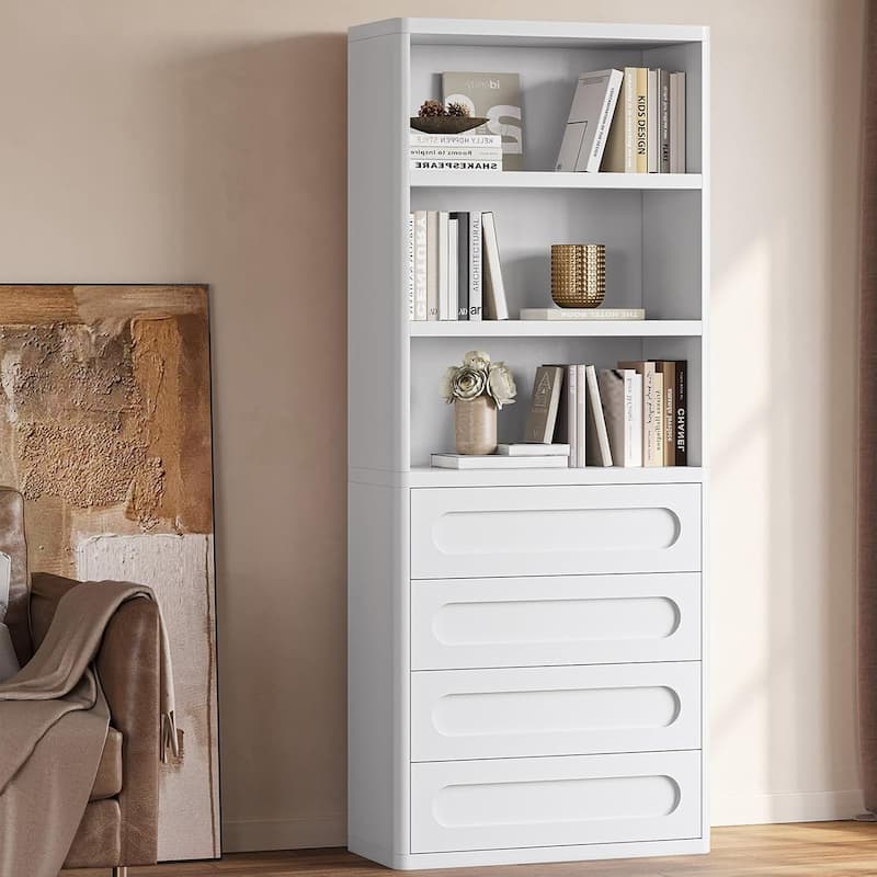 Bookcase with 4 Drawers 72.1" Tall Bookshelf with 3 Storage Shelves - White