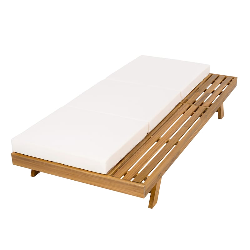 One-sided Open Storage Lounge Chairs Outdoor Patio Acacia Wood Chaise Lounge with Adjustable Backrest & Water-repellent Cushions