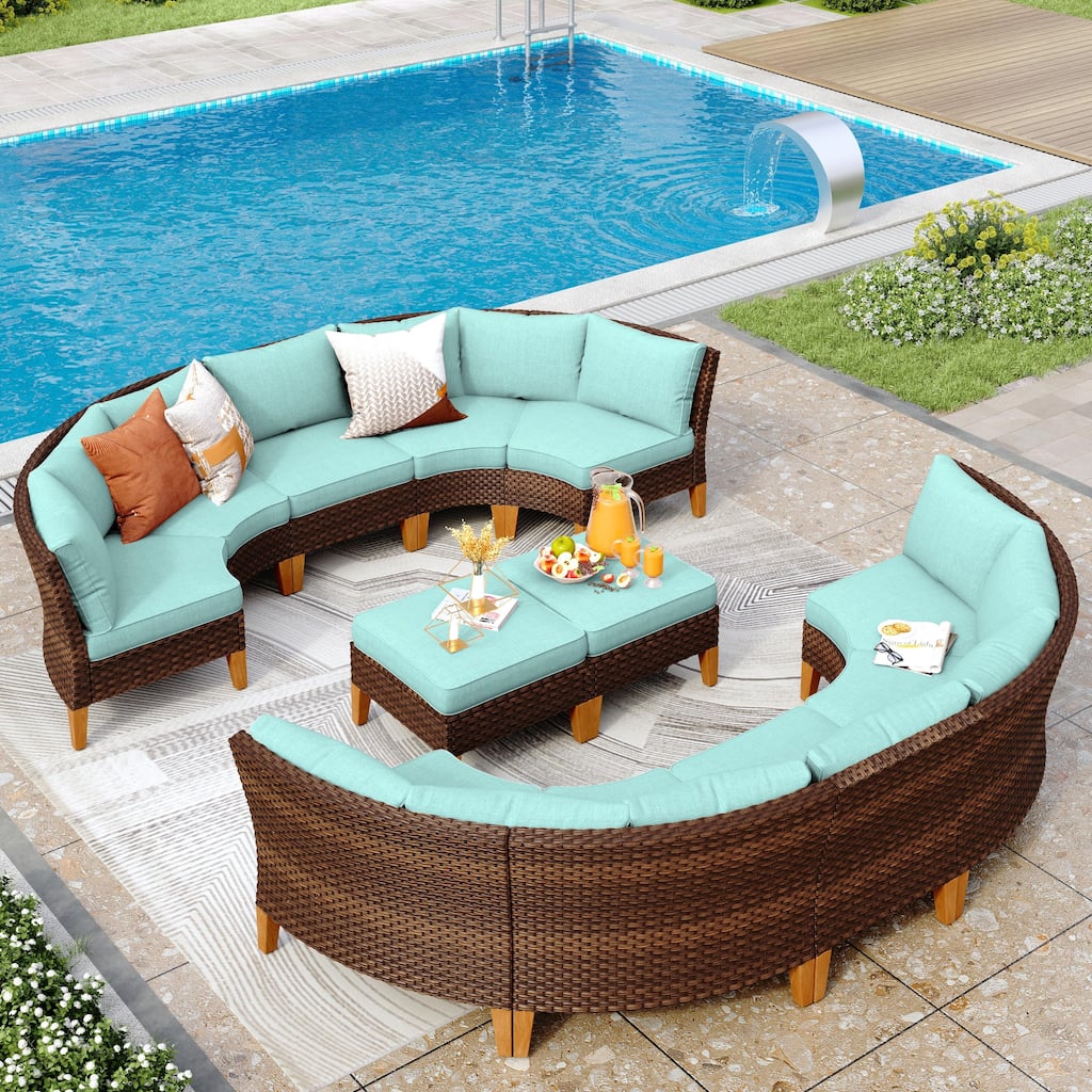 12-Seat Outdoor Wicker Half-Round Furniture Set, Half-Moon Sectional Sofa All Weather Curved Conversation Set