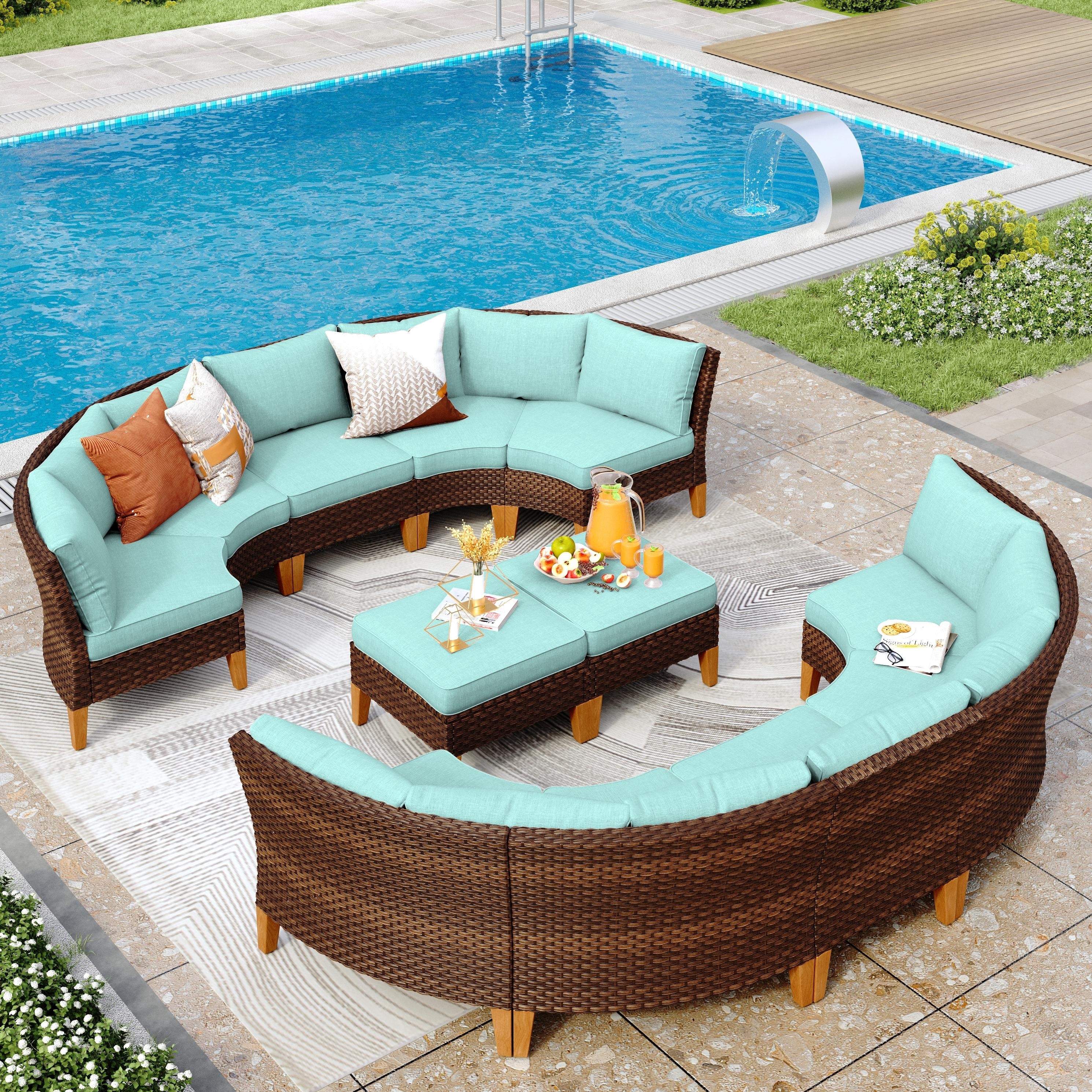 MAISON ARTS 12 Seats Outdoor Wicker Half-Round Furniture Set, Half-Moon Sectional Sofa All Weather Curved Conversation Set