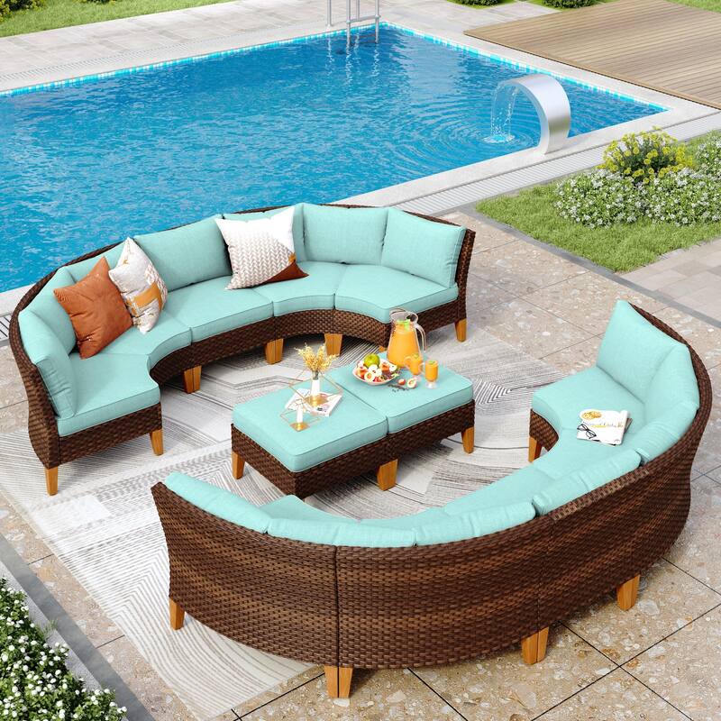 12-Seat Outdoor Wicker Half-Round Furniture Set, Half-Moon Sectional Sofa All Weather Curved Conversation Set - 12-Seat - TypeT