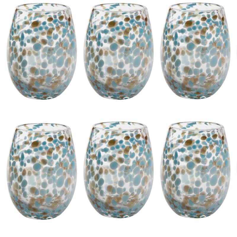 16 oz. Confetti Glass Stemless Wine Drinkware Aqua Blue Dishwasher Safe Beverage Set of 6