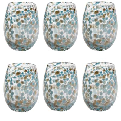 16 oz. Confetti Glass Stemless Wine Drinkware Aqua Blue Dishwasher Safe Beverage Set of 6