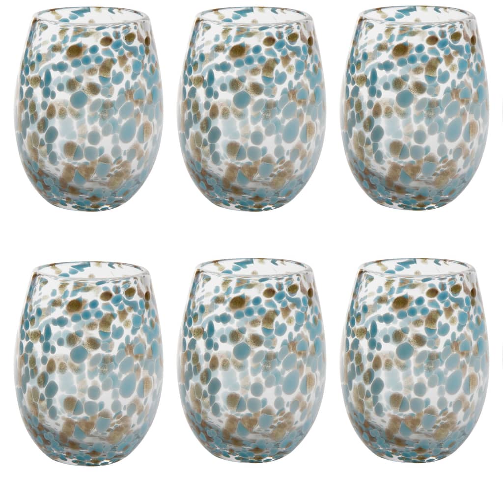 16 oz. Confetti Glass Stemless Wine Drinkware Aqua Blue Dishwasher Safe Beverage Set of 6