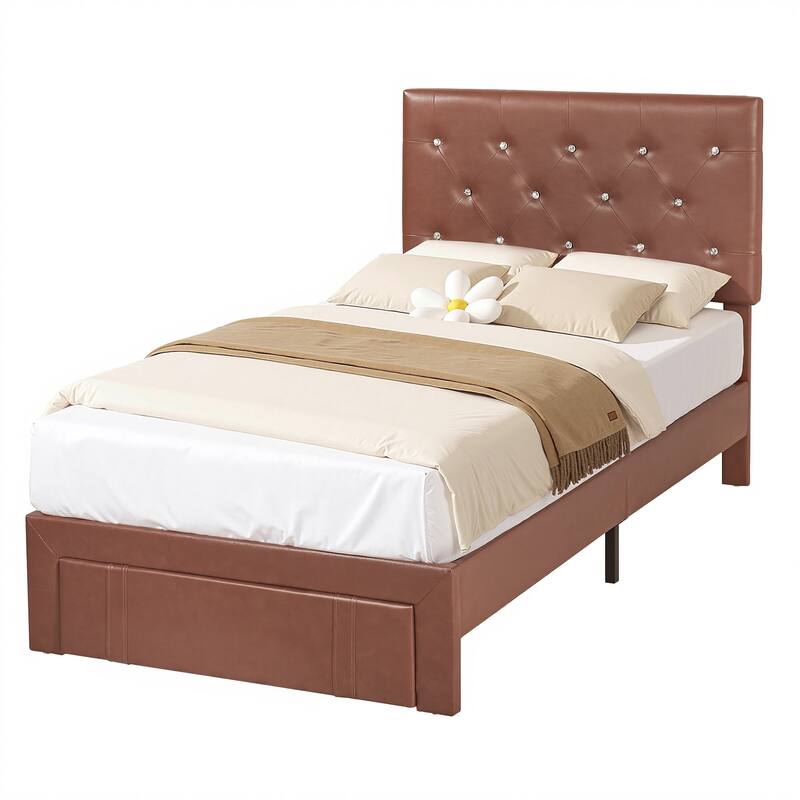 VECELO Bed Frame with Storage Drawers Leather Upholstered with Diamond Tufted Headboard Solid Wood Slat Support