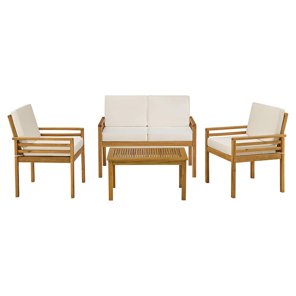 Alaterre Furniture Okemo Weather-Resistant Acacia Wood Outdoor 4pc Furniture With 2 Seater Couch, 2 Dining Chairs And Side Table