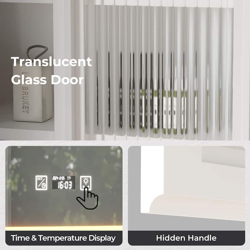 White MDF Bathroom Wall Cabinet with Glass Doors, LED, USB and Shelves - 28.2” L x 6.3” W x 27.6” H