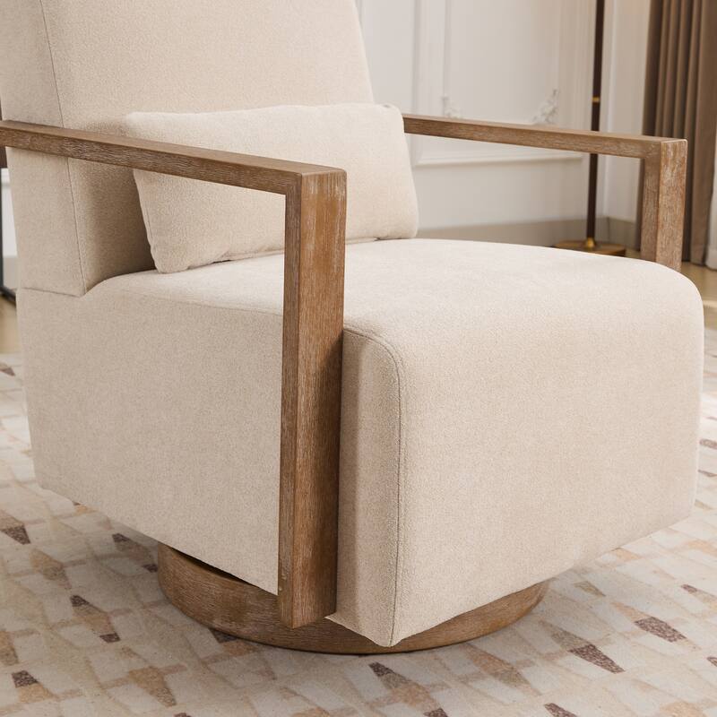 Mid-Century Boucle Upholstered Swivel Armchair With Pillow