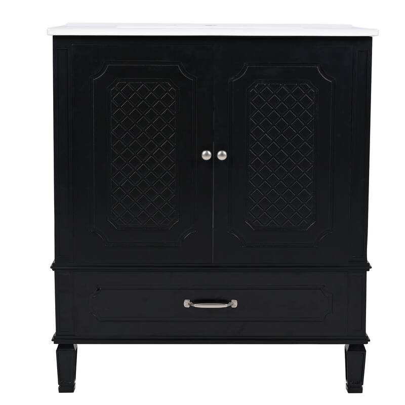 Roomfitters 30" Vintage Style Bathroom Vanity with Ceramic Sink, Customizable Storage Drawer and Soft-Close Door