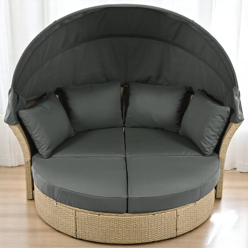 Convertible Patio Daybed Sofa outdoor Furniture Set with Retractable Canopy, Cushions, and Pillows - for Outdoor Use - Grey